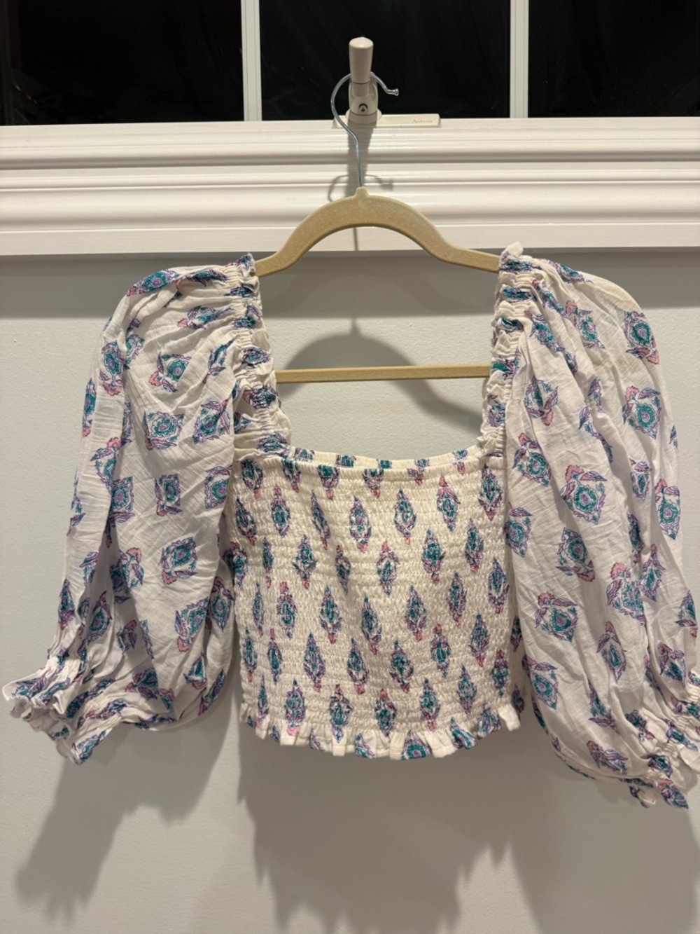 Square-Neck Top in Cream with Teal & Purple Print